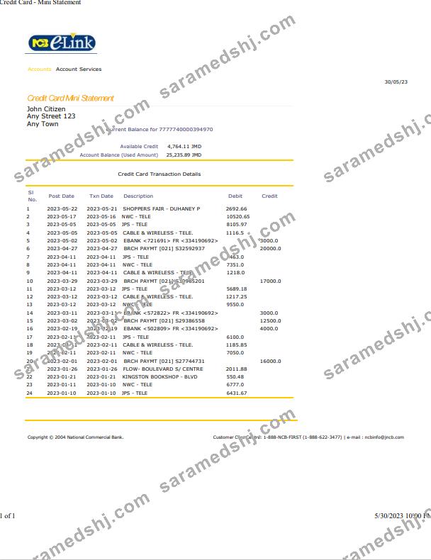 Jamaica National Commercial Bank statement Word and PDF template